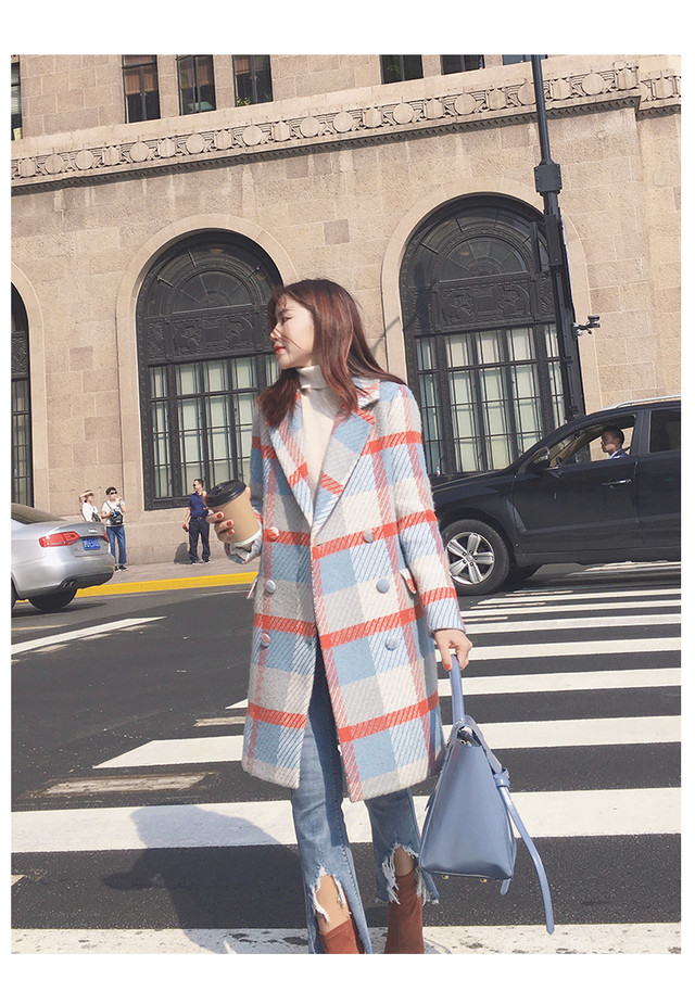 コート チェスターコート ウール ミドル丈 チェック柄 ダブルブレスト ベーシック 大人可愛い きれいめ ガーリー 秋冬 通勤 お出かけ 40代 ママ ブルーl ｂｌａｎｋ ｎｏｉｒ