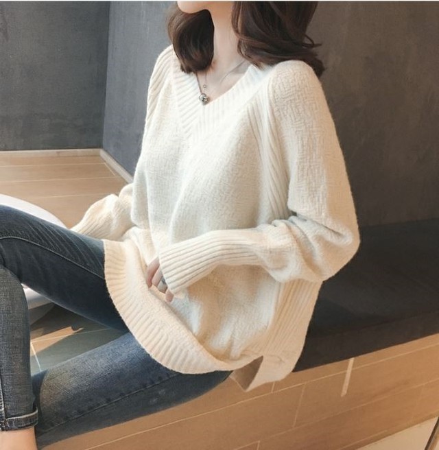 コクーンニット ｖネック ニットセーター レディース オーバーニット 韓国 春ニット 春 ニットプルオーバー 長袖 白 茶色 無地 きれいめ ホワイト ピンク ブラウン 1013 Idear