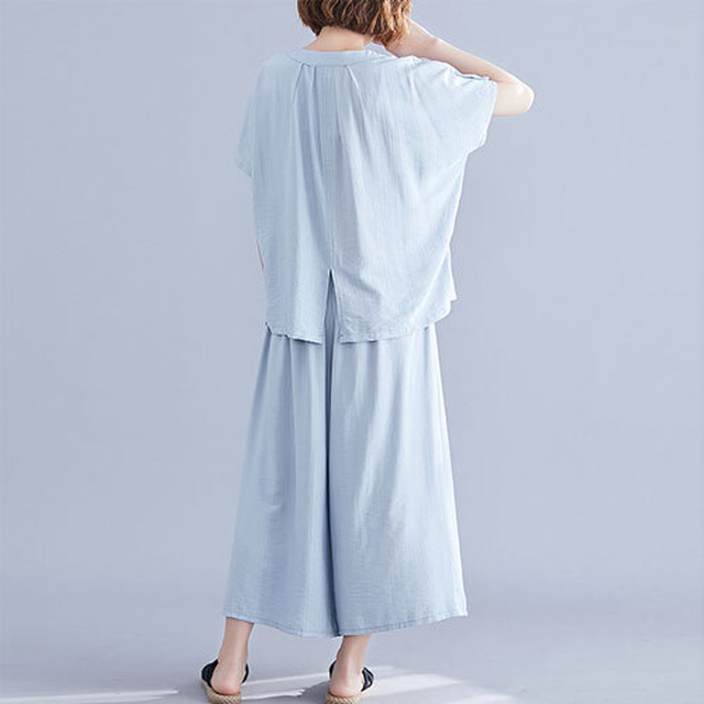 セットアップ Tシャツパンツ 半袖 ラウンドネック 九分パンツ 無地 カジュアル エレガント きれいめ ウエストマーク 夏 ライトブルー ブラック ゆったり 体型カバー 主婦 Ol 代 30代 40代 Rb R3 Ba01 Sa07 0094 Redbell