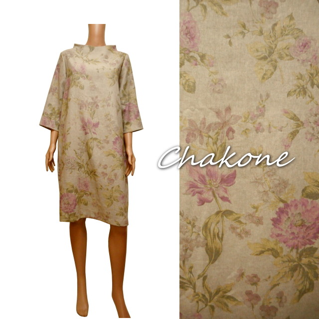 ワンピース スタンドカラー ワンピース 七分袖 L Yuwa リネン 花柄 レトロ ヴィンテージ調 ハンドメイド工房 Chakone 手作り婦人服ファッション