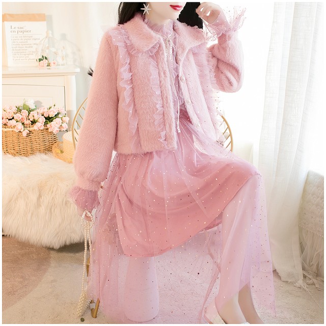 秋冬物 セット セットアップ 上下セット ブルゾン ファーブルゾン チュールワンピース ブラウスワンピース お出掛け デート Magnifique