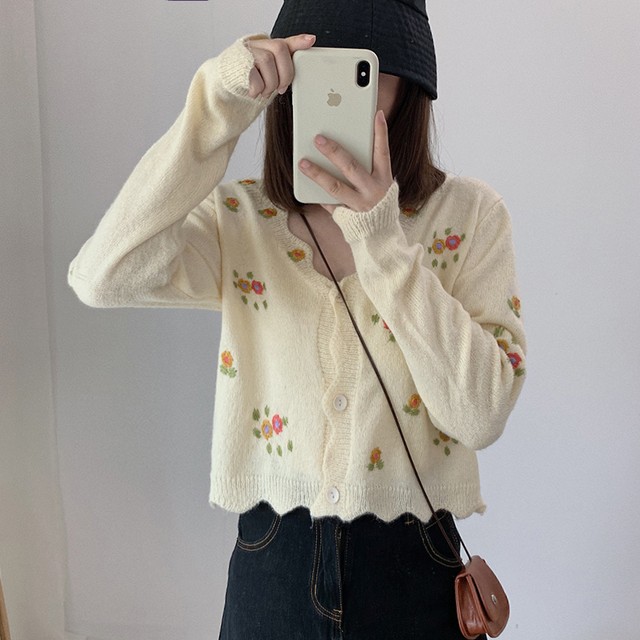 〈カフェシリーズ〉お花刺繍のかぎあみカーディガン【flower crochet cardigan】