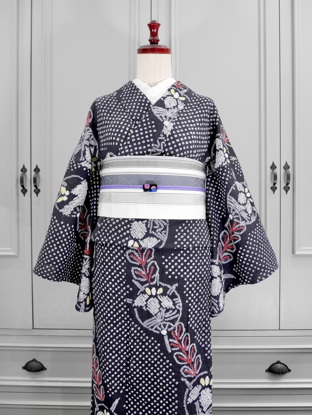 有松鳴海絞り浴衣 墨黒にうちわと藤の縦ライン 0168 Kimono Tento
