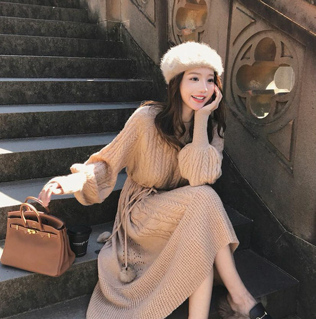 ワンピース ケーブルニット ゆったり ニットワンピース ロング ニット 長袖 ランタンスリーブ 無地 ウエストマーク 大人可愛い カジュアル レトロ レディース ワンピース 大きいサイズ 秋 冬 着まわし秋冬 レディース秋冬コーデ ヘビロテ コーデ 着回し カジュアル Uki Uki