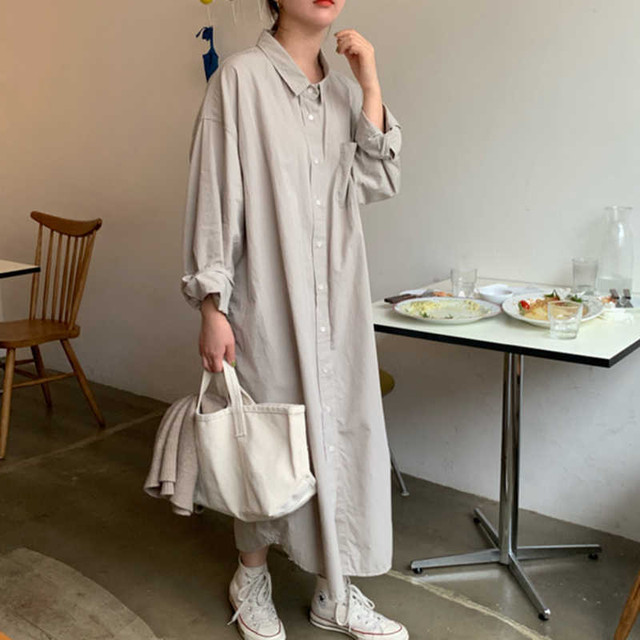 ナチュラルテイスト ミモレ丈長袖ワンピース ロングシャツワンピ グレー ガウン 羽織 カーディガン 無地 ワンピース 長袖 ロング丈 マキシワンピ ワンピ Aライン ゆったり レディース 韓国風 ゆったり送料無料 韓国レディース キッズファッション Londonbridge