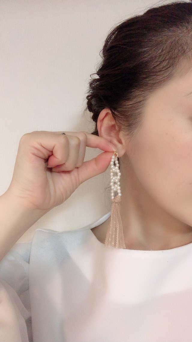 ロングパールリボンピアス イヤリング Ohana1104