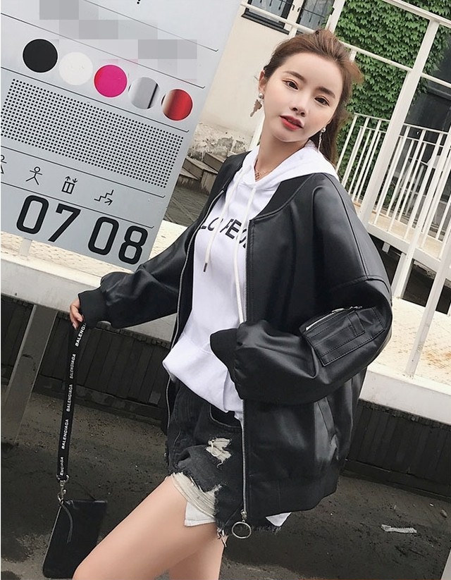 ライダースジャケット スタジャン Puレザー リブ オーバーサイズ ジップアップ Ma 1 ブラック 秋冬 お出かけ デート 女子会 甘辛コーデ クール カジュアル 無地 バイカー Like Fashion