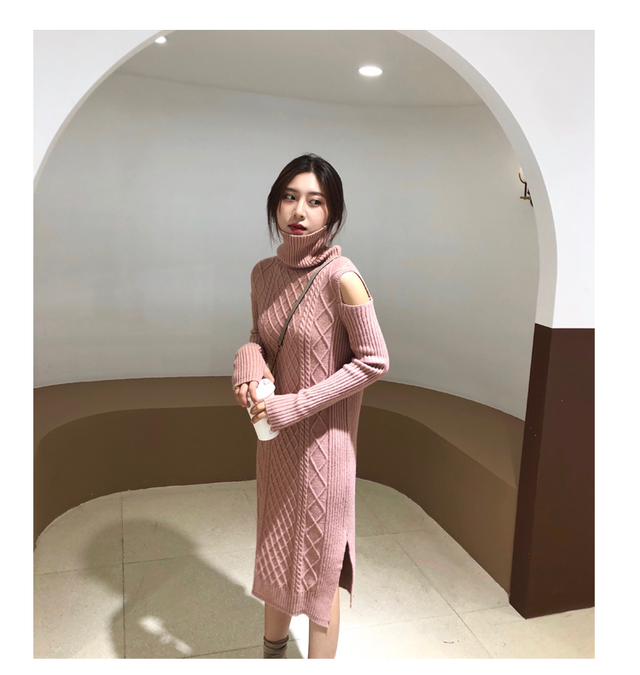 ワンピース ニット ロング丈 スリット オープンショルダー 肩出し セクシー フェミニン ケーブル編み タートルネック ピンク 冬 暖か 冬 ワンカラー シンプル おしゃれ 上品 大人 レディー 主婦 Ol 通勤 フリースタイル 学生 デート 旅行 女子会 ランチコーデ 休日 ラフ