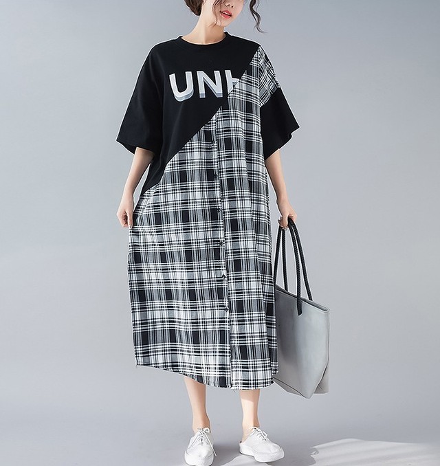 大きいサイズ レディース おしゃれ異素材ワンピース 長袖 秋冬 春夏 半袖 ブラック Tシャツ シャツワンピース チェック S877 大きいサイズ 送料無料 レディース通販店 ｋｅｃｃｈi 静岡 Base売り場