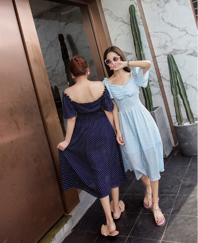 レトロドット パフスリーブ ワンピース 膝丈 フェミニン かわいい Rintz