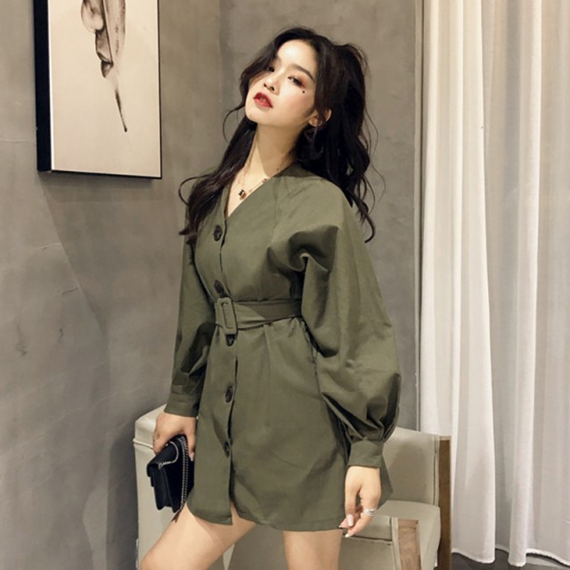 大きなボタンがアクセント シャツワンピース ロングシャツ ミニワンピース カジュアル Vネック 長袖 無地 シンプル 春夏 Ptnym1192 Shop Suba