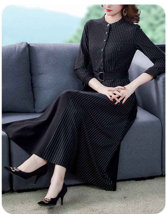 ワンピース ドレス ワンピース 黒 長袖 ロング丈 マキシ丈 ベルト付き 着瘦せ 体型カバー カジュアル フォーマル Goldayahiro