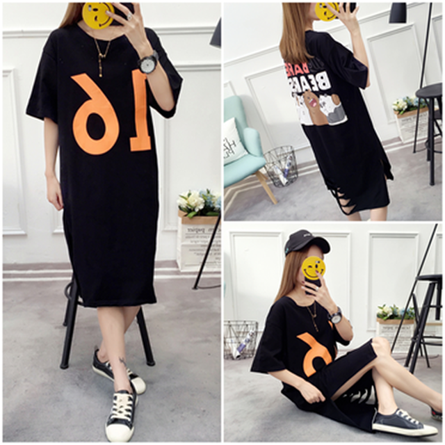 レディース Tシャツワンピース 韓国ファッション オルチャン 半袖 ロゴプリント スリット ブラック 着痩せ ワンピ 春 夏 秋 Speed Star Base