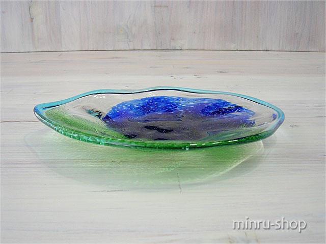 琉球ガラス お皿 夏色のおしゃれなお皿 中 青緑泡 口巻 １ 琉球ガラス販売 みんるー商店 Minrustores