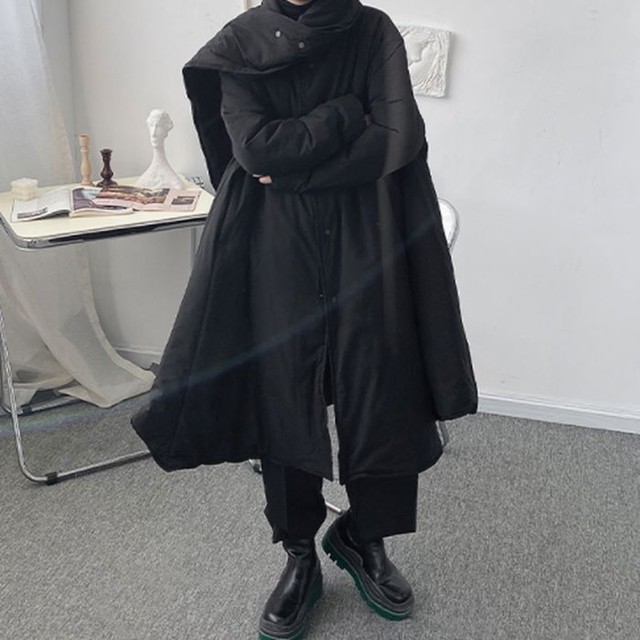 ロングコート 冬 アシンメトリーデザイン メンズ レディース ユニセックス シングルブレスト ルーズ スタンドアップカラー ひざ丈 韓国 無地 ブラック 黒 カジュアル シック シンプル モード お支払い後日以内に発送 Out256 Garcons