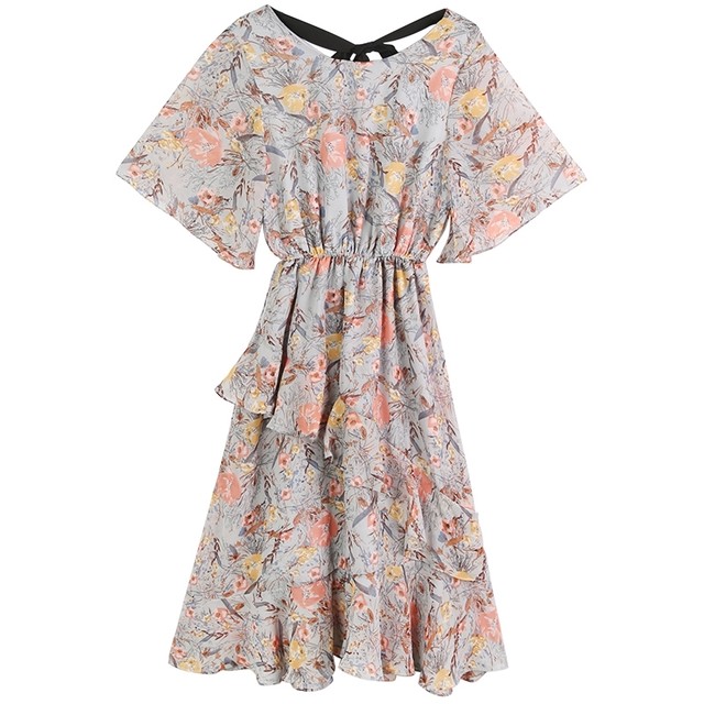 L 4xl 全２色 花柄シフォンワンピース ラウンドネック バックリボン ウエストゴム 半袖 膝下丈 フェミニン スウィート お出かけ デート 春夏 Arroser