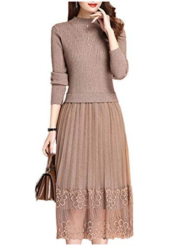 Jpcs ワン アンブ ニット レース ワンピース 切り替え ハイネック 花柄 プリーツ きれいめ 結婚式 お呼ばれ 長袖 S L レディース Az Japan Classic Store