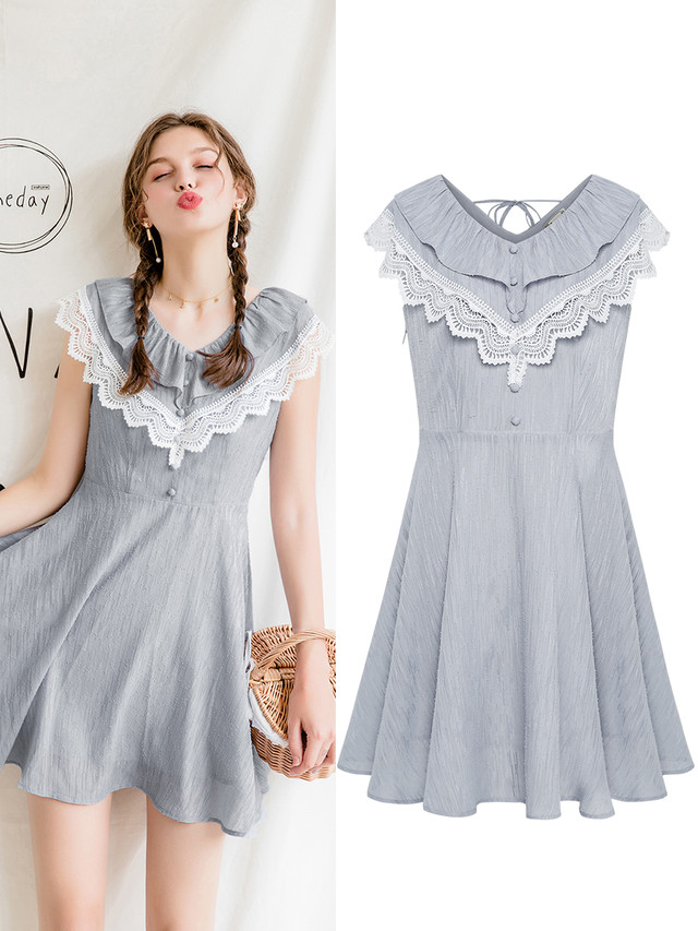 Vネック ノースリーブワンピース レース加工 シフォン素材 ブルー Na Na Iro