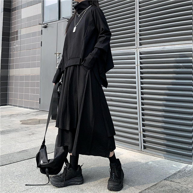 ゴシック系 ツーピース タートルネック レイヤー フレアスカート ロング丈 病み可愛い 原宿系 代 30代 オルチャン 天使と悪魔 サブカル系 ファッション Seasonz