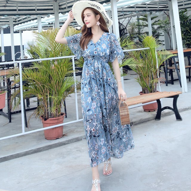 大人気 花柄 ワンピース レディース シフォン マキシワンピ 夏 半袖 ボヘミアン ロング ビーチワンピ ディリー リゾート 86 Happinessshop ハピネスショップ レディース ファッション アイテム トレンド