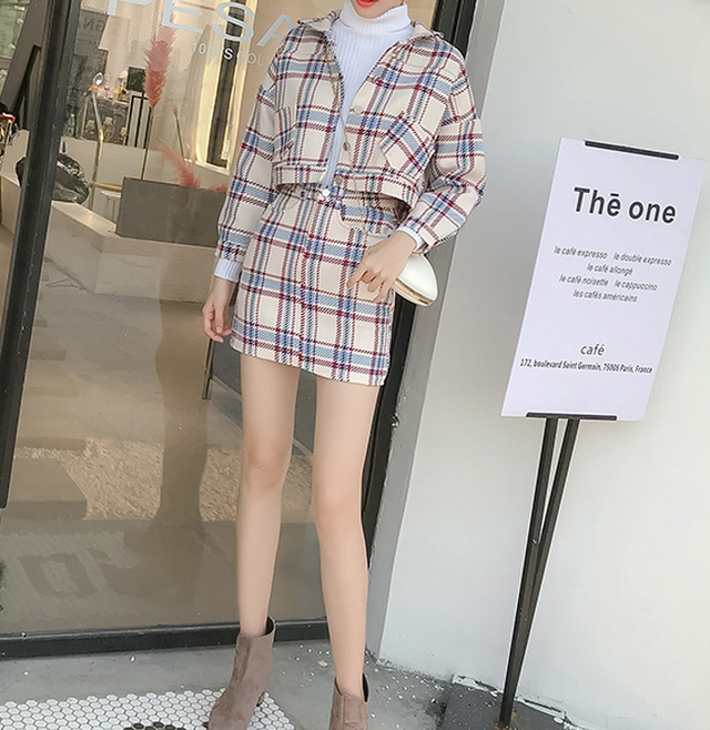 レトロ チェック ツーピース ジャケット ショート丈 ミニスカート セットアップ レディース カジュアル ガーリー フェミニン 韓国 オルチャン 韓国ファッション 新作 春夏 春 夏 Om 1 Musubi Me 韓国 オルチャン レディースファッションのお店