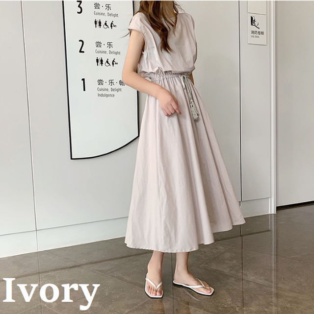 送料無料 4色 タッセルつきウエストマーク ワンピース 夏ワンピース サマーワンピース フレアワンピース フレアシルエット ミモレ丈ワンピース ミモレ丈 ロングワンピース ロング丈 フレンチスリーブ ブラウジング ウエストマーク ハイウエスト 脚長効果 体型カバー