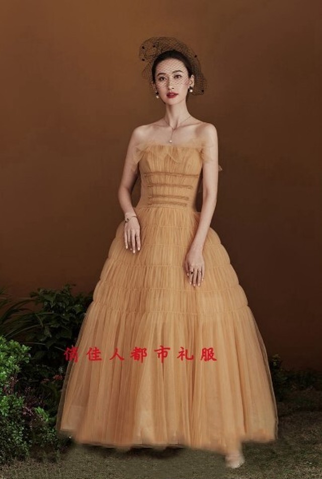 美品 パーティードレス オレンジ ロング ベアトップ エレガント 編み上げ 細見えシルエット Cinderelladress