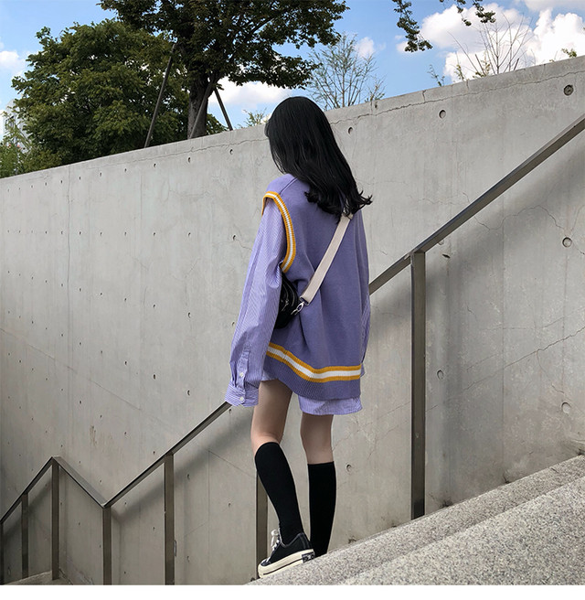 ロングセラー 学生風vニットネックベスト ストライプシャツ 韓国レディースファッション通販 Krex ケーレックス