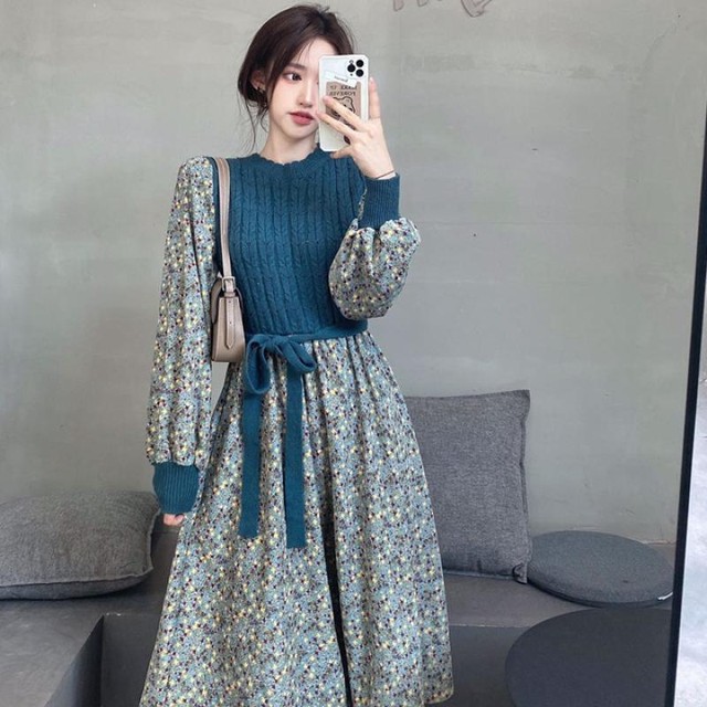 レトロガーリー フェイクツーピース ワンピース ニットベスト風のトップと フローラルプリント ワンピース 茶 青 小花柄 Garage Diva 106