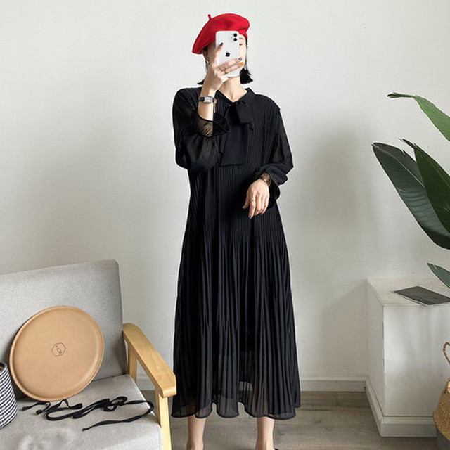 プリーツ ミモレ丈 ワンピース リボンタイ 長袖 無地 カジュアル エレガント Vネック フェミニン ゆったり Aya2223 Yumi Shop