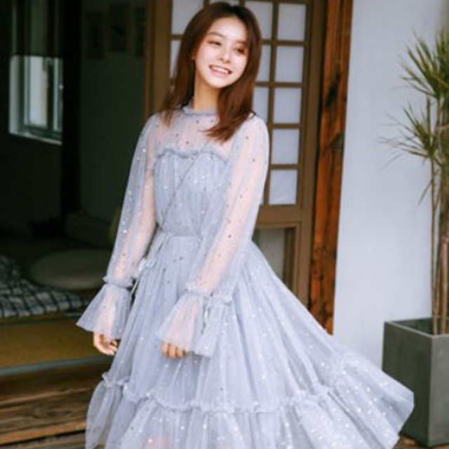 送料無料 メッシュ ミモレ丈 ドレス ワンピース グレーブルー 袖あり 長袖 結婚式 二次会 同窓会 お呼ばれ 謝恩会 宴会 食事会 女子会 ゆったりサイズ 体型カバー マタニティ フレア Aライン 星柄 スパンデックス くすみカラー ラウンドネック ベルスリーブ 大人