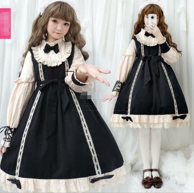 9915ロリータ衣装 ロリータ服 可愛い 少女風 ワンピース 黒 長袖 Lolita 満天屋