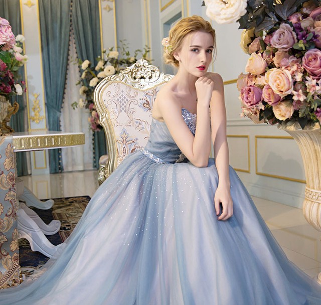 カラードレス 青 ブルー ソフトチュール ビジュー ベアトップ 華やか ロング イブニングドレス Ynswedding23