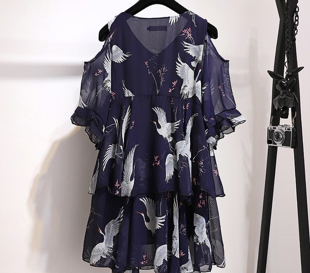 大きいサイズ レディース タンチョウ柄肩出しワンピース 長袖 半袖 春夏 ダークブルー オフショルダー S 大きいサイズ 送料無料 レディース通販店 株 ｋｅｃｃｈi 静岡