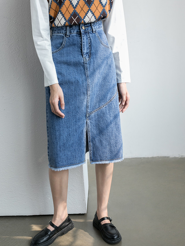 ハイウエスト デニム スカート ミディ丈 アシンメトリー ウォッシュド カジュアル 大人 着回し コーデ ｍ1107 Girls Ladies Fashion ユーユアユー