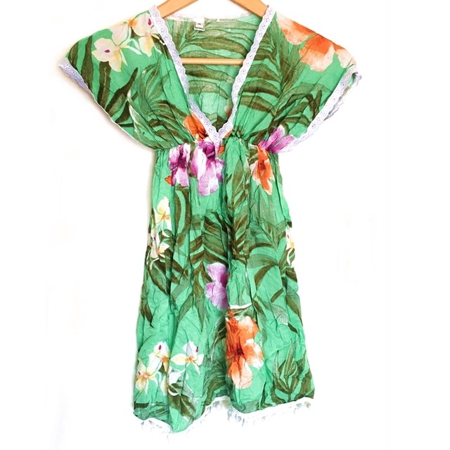 南国風 ポンポン レース 花柄 ワンピース グリーン 1 130cm バリ直輸入 Givinggate