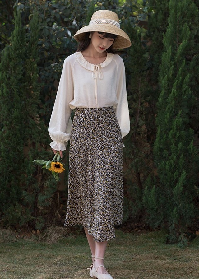 スカート ミモレ丈 春スカート 花柄 小花柄 レディース レトロ ハイウエスト Aライン ガーリー オフィス 体型カバー Ab1925 Valentina210