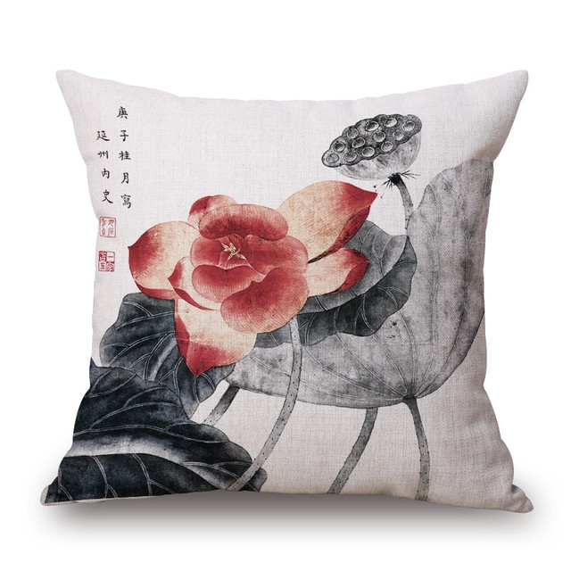 蓮の花クッションカバー14スタイル中国文化水彩花ベージュ枕カバー薄いリネンコットン寝室ソファインテリア Cutekawaii