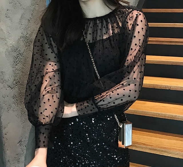 2カラー ドット レース トップス シャツ ブラウス フェアリー レトロ メッシュ 水玉 シフォンシャツ お出かけ デイリー お呼ばれ イベント パーティー Mpu Miya