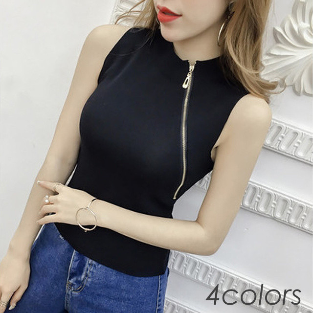 即納 ノースリーブ ニット タンクトップ サマーニット ファスナー付き ハイネック ボーダー柄 セクシー カットソー レディース トップス 白 黒 ホワイト ブラック グレー Ns 0169 Daily Closet