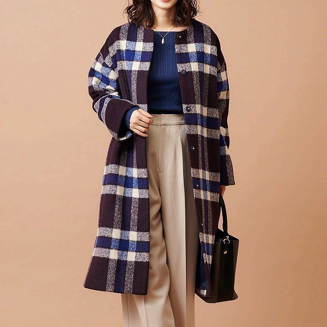 ノーカラージャケット レディース コート アウター カーディガン ミモレ丈 グレンチェック ブルー ラウンドネック およばれ ウール ゆったり 大きいサイズ ワンピの里