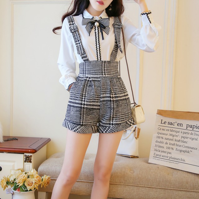 セットアップ レディース ブラウス リボン 長袖 サロペット チェック ワイドパンツ ショートパンツ ミニ ショート ハイウエスト サスペンダー 蝶ネクタイ 大人かわいい かわいい きれいめ Evergreen
