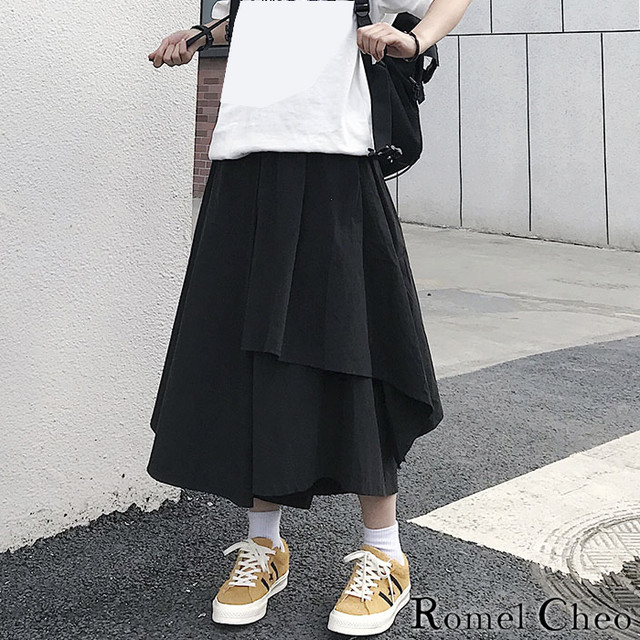 Romelcheo アシンメトリー ロング スカート ミモレ丈 ドレープ Aライン レディース アシメ モード系 ロック V系 ストリート ファッション 韓国 オルチャン サロン系 ラップ 巻き パンツ レイヤード 大人可愛い スカーチョ ガウチョ 森ガール ロメルチェオ Romelcheo