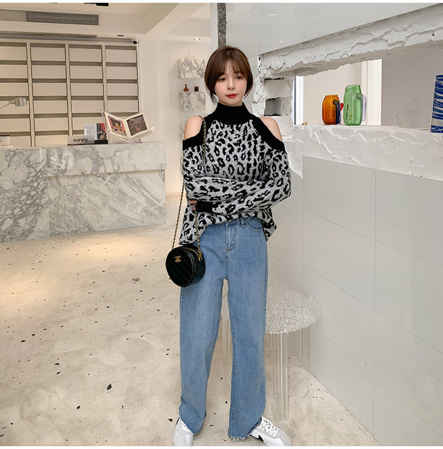 レディース秋冬 大人カジュアル 肩だし ボトルネック レオパード ヒョウ柄 長袖 ニット ゆったりスリム かっこいい メンズライク 派手かわ 楽ちん 楽 ラフ ブラウン ブラック フリーサイズ アメカジ ストリート系レディース韓国オルチャンファッション通販ショップ