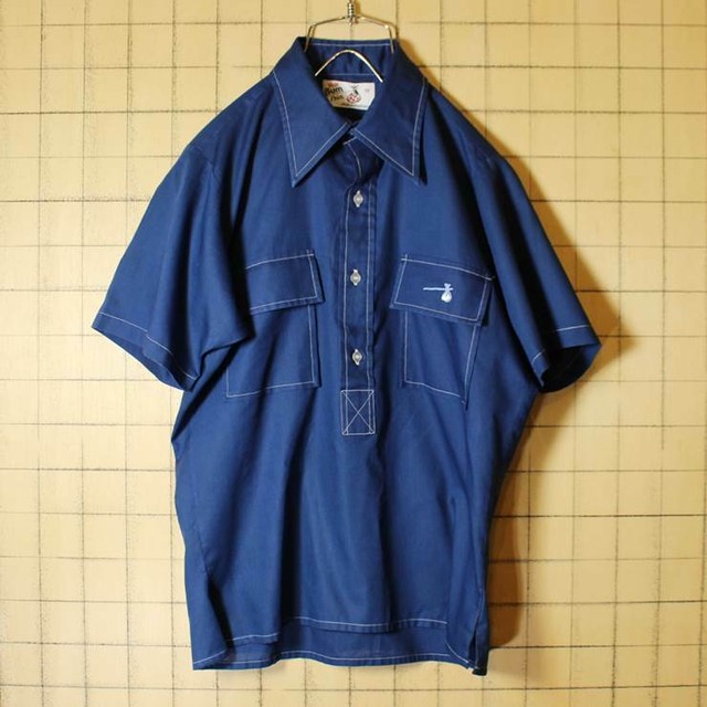 60s 70s Manhattan 半袖 プルオーバーシャツ ネイビー ライトフランネル メンズs相当 レディースm ビンテージ 古着 ss1 古着屋ataco Garage