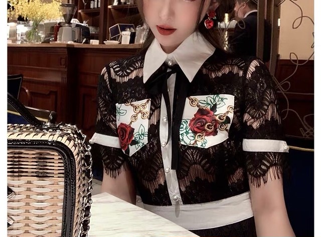 ブラック 黒 レース 襟 薔薇 花 フラワー 花柄 シャツ ブラウス ワンピース ドレス Loveysmileshop