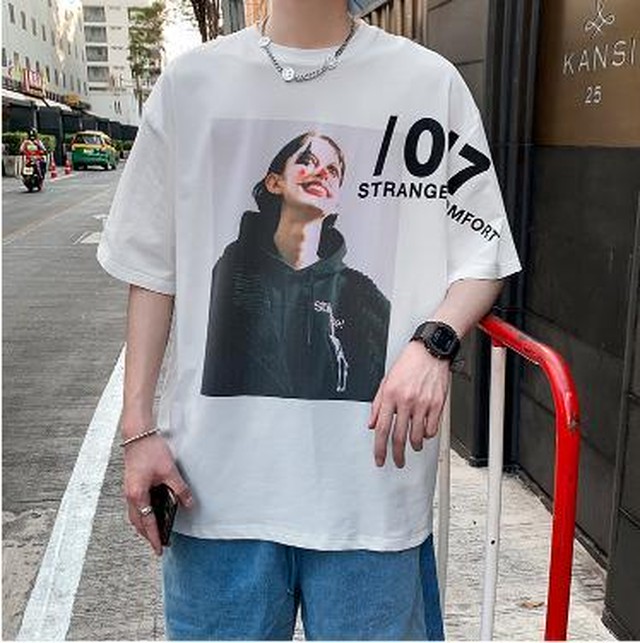 Yuzki 韓国ファッション カジュアル プリント オーバーサイズ Tシャツ ストリート 韓国 トップス 半袖 夏 春 シンプル メンズファッション Yuzki