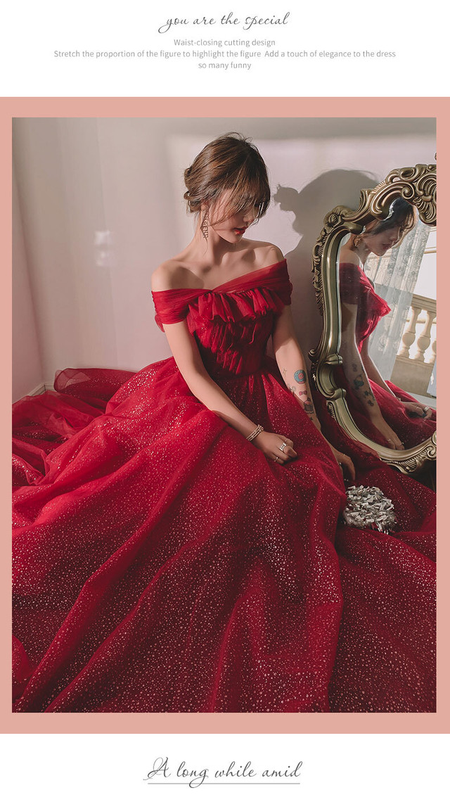上品 パーティードレス ワインレッド オフショル プリンセスライン 人気上昇 可愛い ロングドレス Cinderelladress