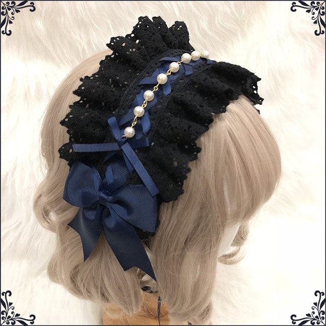 ロリータ 黒 ネイビー ゴシックヘッドドレス リボン ヘアアクセサリー ゴスロリ 黒ロリ ドールスタイル レース Loli12 Luxury