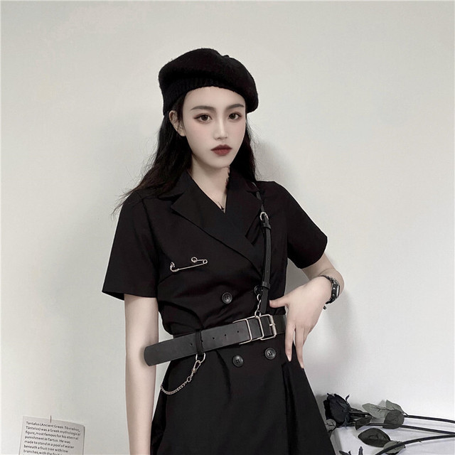個性的ワンピース ダブルブレスト ミニ丈ワンピース ベルト付き ブラック オルチャンファッション 韓国風 カッコカワイイ系 かわいいおんなのこ